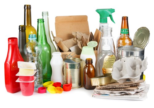 A collection of various waste items including plastic bottles, glass bottles, canned food, paper and cardboard packaging, and crumpled tissue or paper towels, arranged on a flat surface likely outdoors or in a waste collection area. The bottles are of different shapes and colours, with some transparent, the cans are metallic, and the paper products are stacked or bundled together. Some bottles have caps of various colours including yellow, red, and pink. The paper packaging appears folded or flattened, with some crumpled tissue nearby. The background suggests an outdoor environment, possibly on a driveway or pavement, with natural lighting illuminating the waste materials. This image relates to rubbish collection and disposal services, which a company like Commercial Waste Removal Ickenham might handle in the local area.